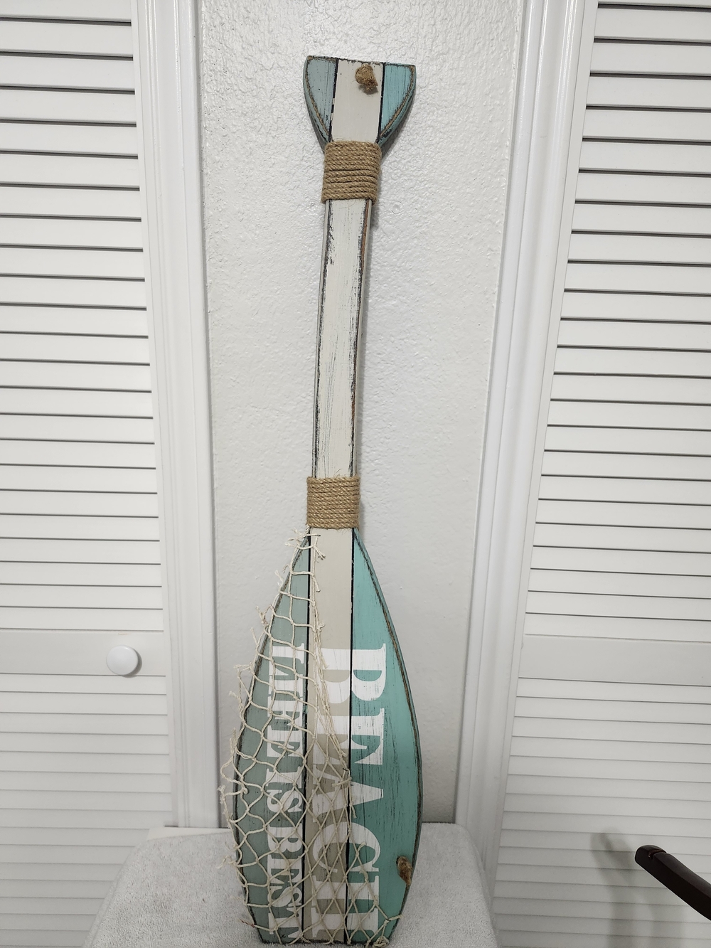 Coastal Aqua and White Decorative Oar with Rope Accent